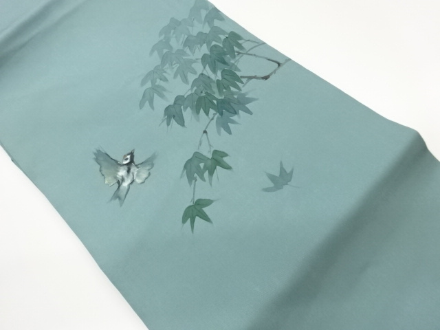 作家物　塩瀬手描き笹に雀模様名古屋帯